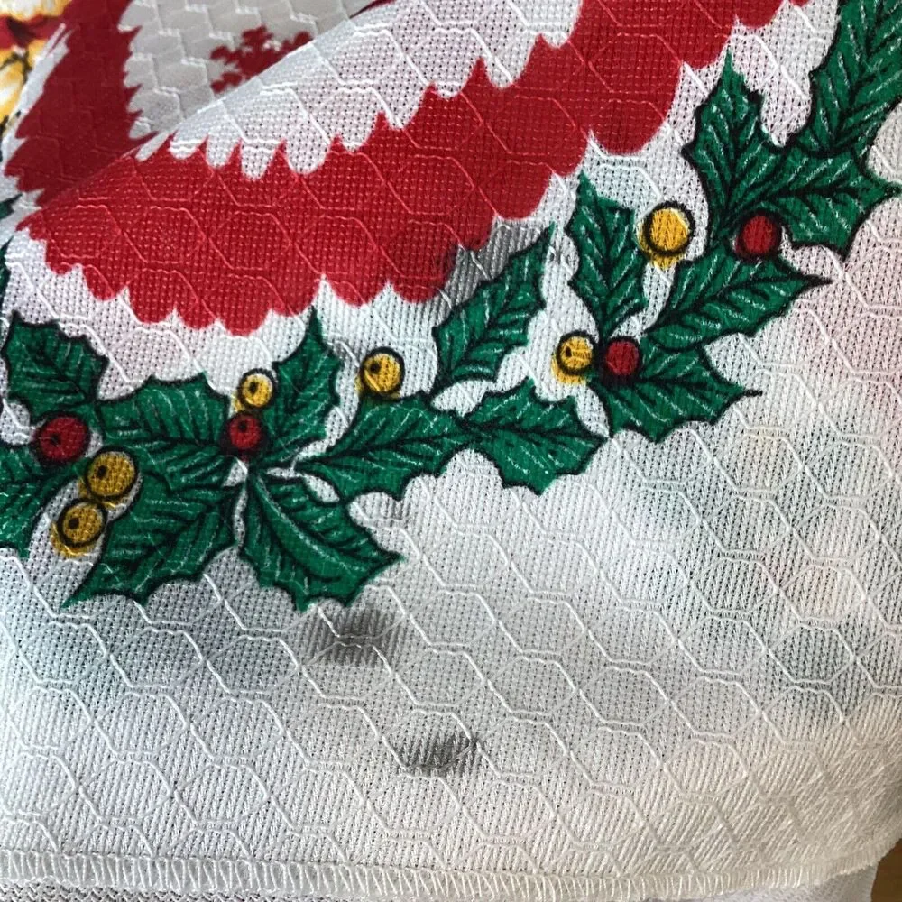 Christmas Table Cloth Vtg Santa Poinsettia Tree Candles 126” X 64”
